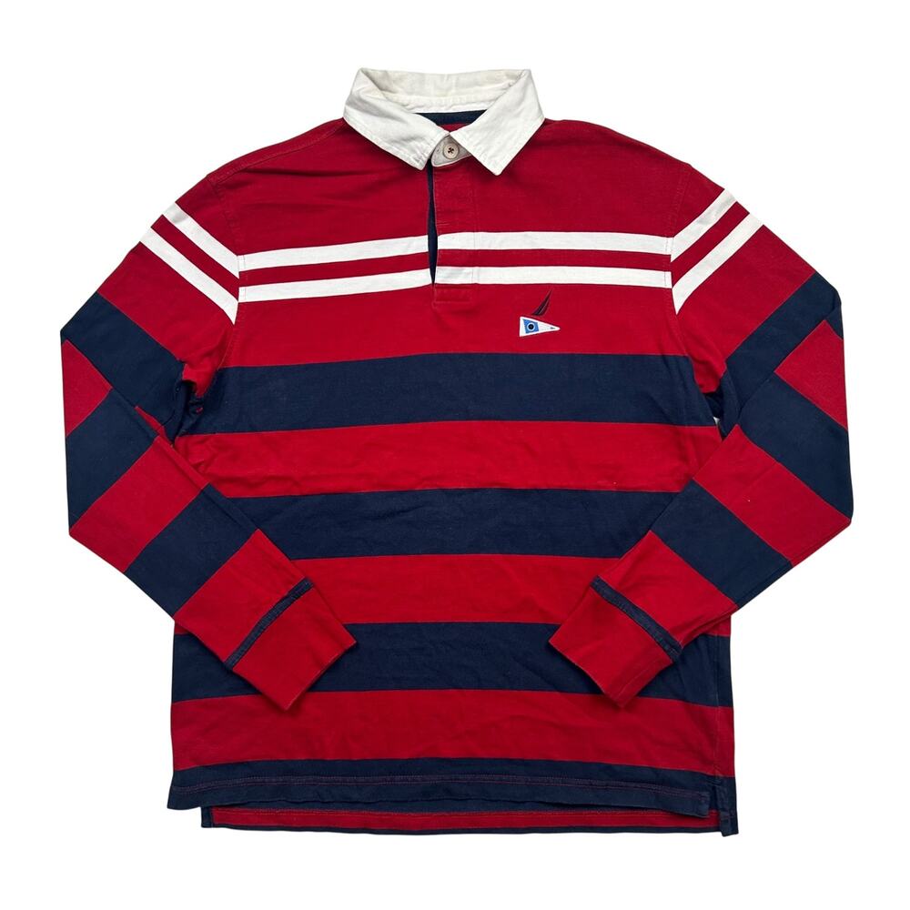 Vintage Nautica Sailing Alliance Rugby Shirt Mens S Red Navy Striped 90s Y2K